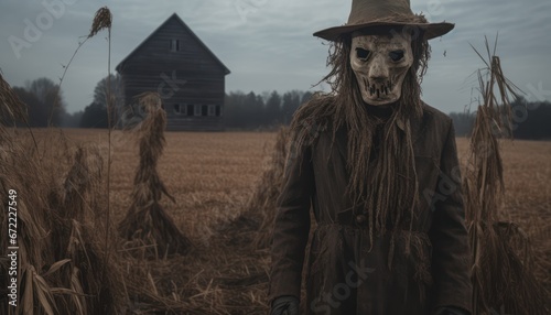 Photo of Scarecrow in a Field with a Charming House in the Background