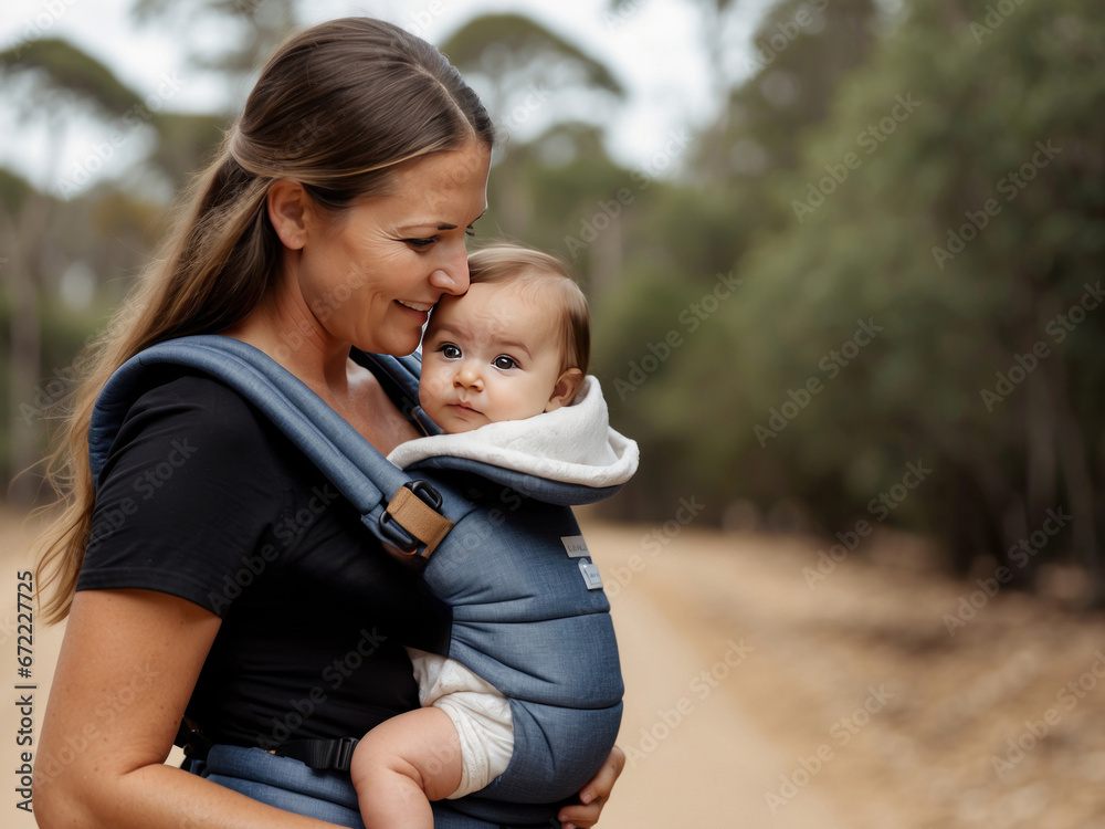 Cute little baby in kanga baby carrier worn by mother. AI Generative Cute little baby in kanga baby carrier worn by mother. AI Generative