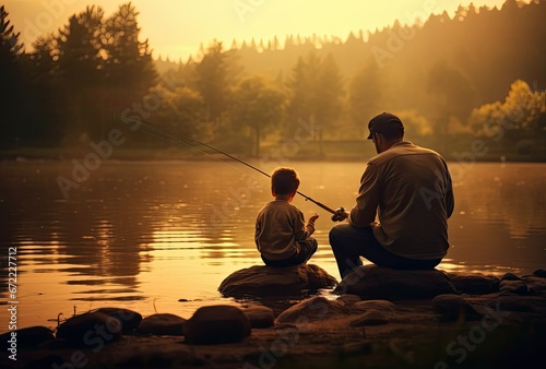 silhouettes of a father and son fishing