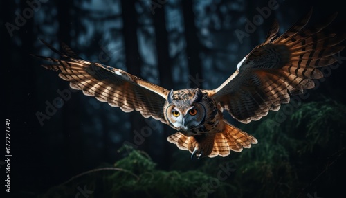 Photo of a Majestic Owl Soaring Above a Lush Canopy of Trees