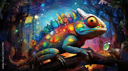 Enchanted chameleon with scales reflecting a myriad of dreamlike worlds  Ai Generative
