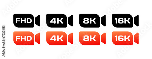 Video camera icons with resolution. Different styles, FHD, 4K, 8K, 16K video cameras. Vector icons