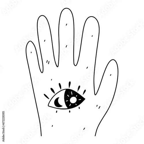 Esoteric hand with eye. Hand drawn doodle style. Vector illustration isolated on white. Coloring page.