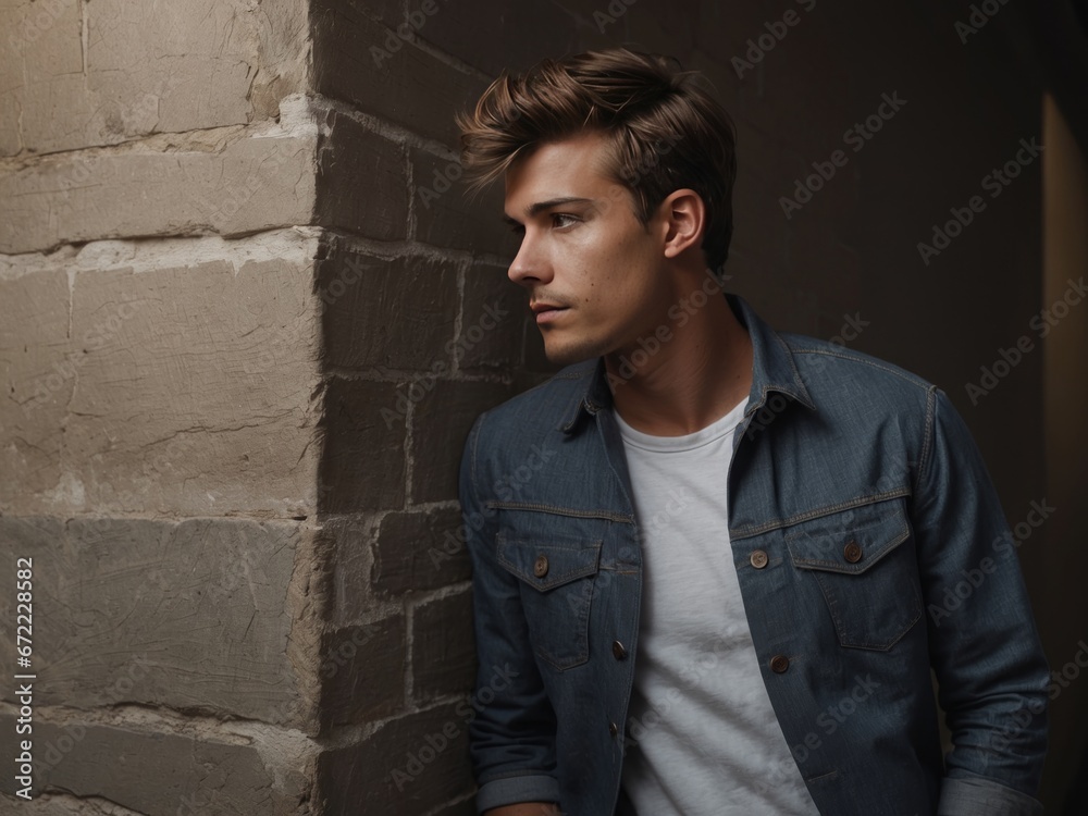 Portrait of young man standing against wall. AI Generative Portrait of young man standing against wall. AI Generative