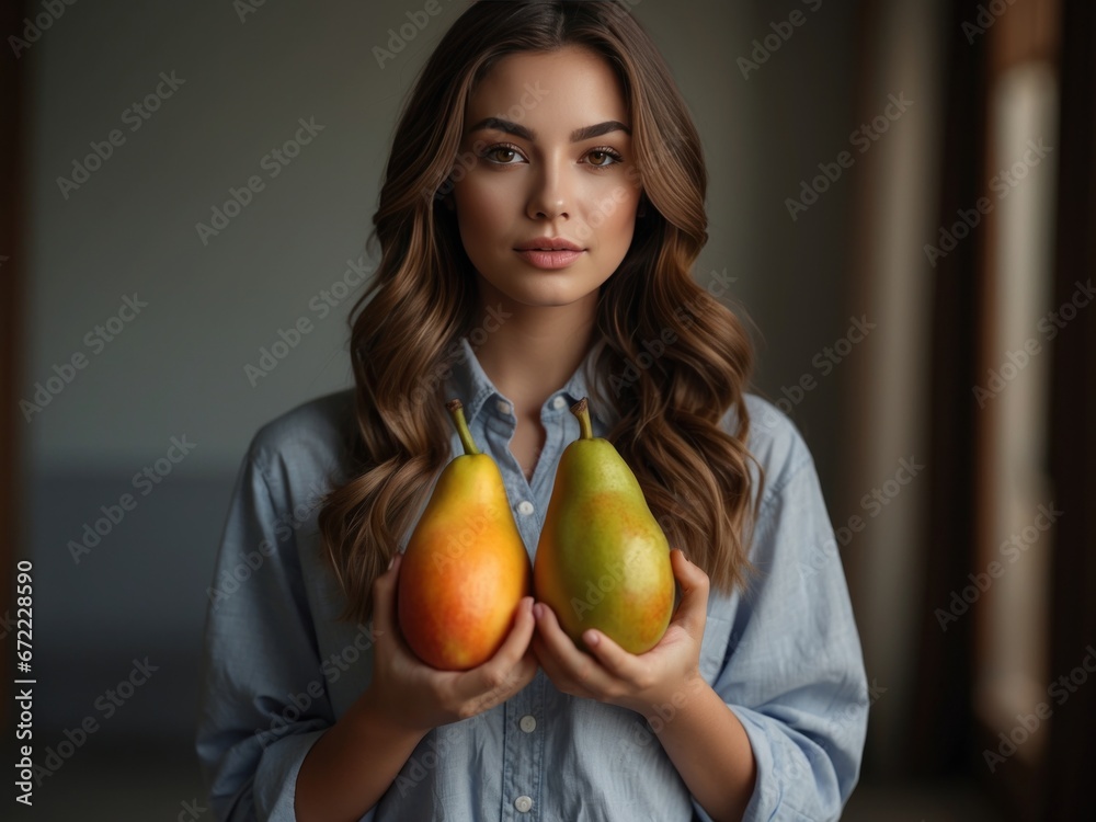 Portrait of young woman holding fruits. AI Generative Portrait of young woman holding fruits. AI Generative