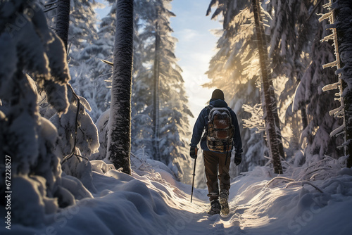 A man in warm gear hikes through a snowy forest