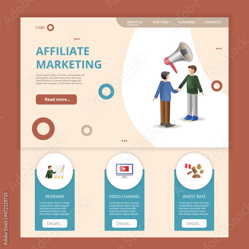 Affiliate marketing flat landing page website template. Reviewer, video channel, invest rate. Web banner with header, content and footer. Vector illustration.