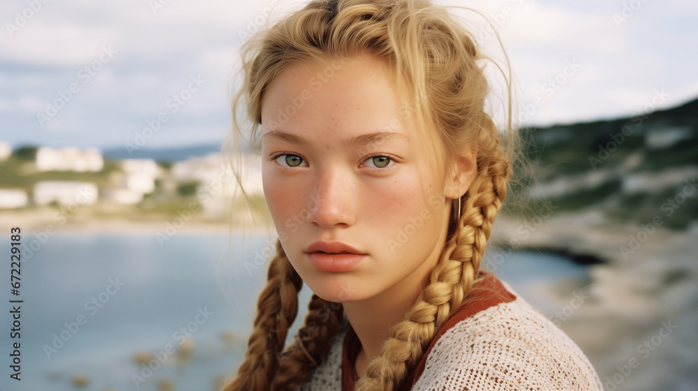Contemplative Mongolian Teenager with Freckles and French Braid Hairstyle Wearing Casual Attire and Matte Makeup