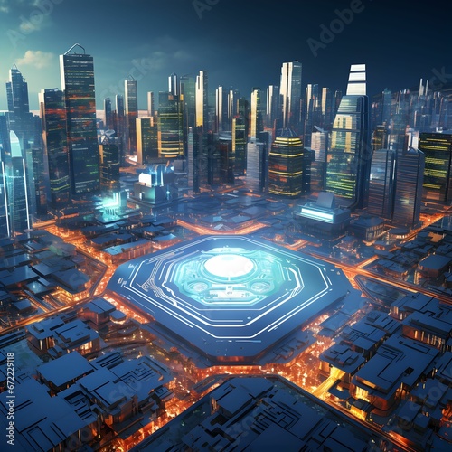 an aerial view of an alien city, with an artificial camera that is attached to photo