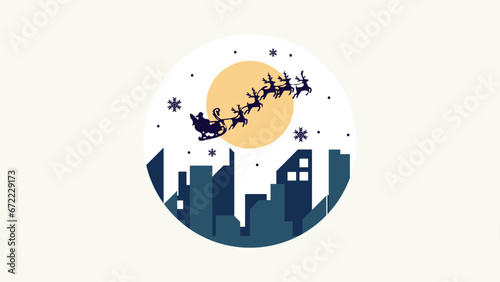 Santa Riding In Sledge With Reindeer.Landscape with snow-filled areas.3d abstract pastel paper cut illustration of winter landscape with cloud,pines and mountains.house and santa claus flying