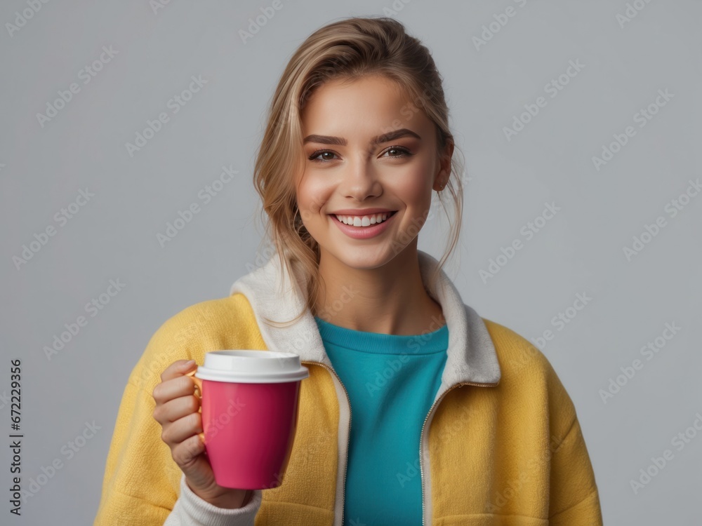 Smiling young woman holding cup. AI Generative Smiling young woman holding cup. AI Generative