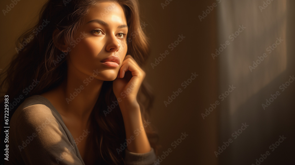Contemplative Beauty: Portrait of a Woman in a Reflective Pose with Hand on Chin Gazing into the Distance