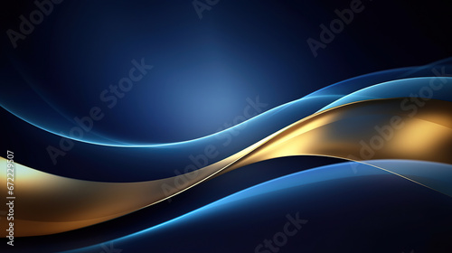 Blue luxury background with golden line decoration and curve light effect with bokeh elements.