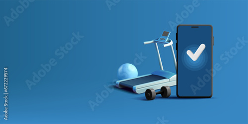 The girl runs on a treadmill tracking the route and indicators with a fitness bracelet in the mobile application. Vector isometry