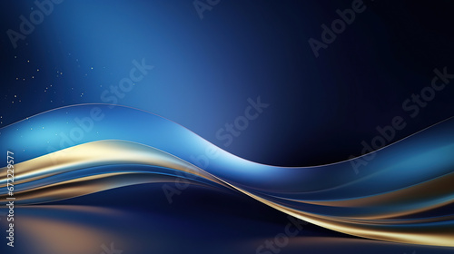 Blue luxury background with golden line decoration and curve light effect with bokeh elements.