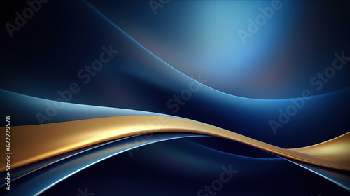 Blue luxury background with golden line decoration and curve light effect with bokeh elements.