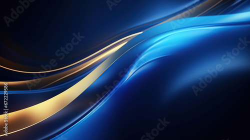 Blue luxury background with golden line decoration and curve light effect with bokeh elements.