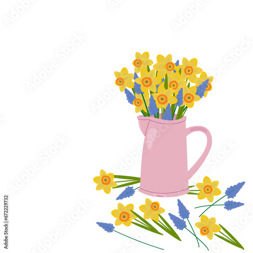 Bouquet of yellow and blue spring flowers on a white background. Daffodils and hyacinths in a pink jug for water and milk. Background with place for text for March 8 and Mother's Day. Vector.