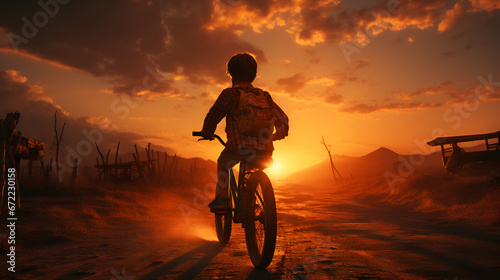silhouette boy on bicycle against sunset