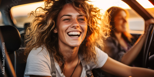 Two Young Women Reveling in Sunset Road Trip Fun © Bartek
