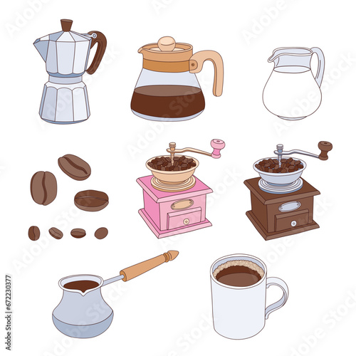 Retro coffee making equipment and ingredients pot mill milk beans cup vector illustration set isolated on white. Groovy coffee print collection.