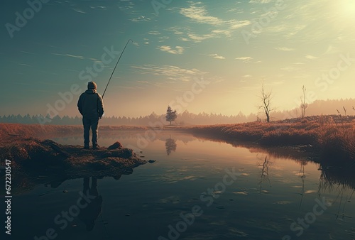 fisherman spins fish, on the background of the mountain river and nature