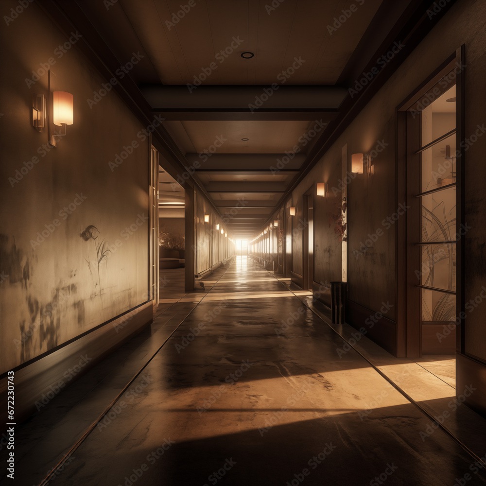 Photo shot in Detail shot, hotel hallway in japandi style, 3d render. AI generated.