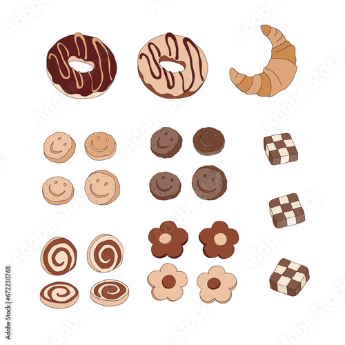 Retro hippie coffe break dessert donut croissant smiley cookie chocolates vector illustration set isolated on white. Groovy coffee print collection.
