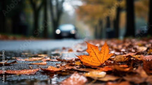 Selective focus of maple leaf on road in autumn season.