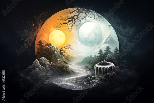 Culture and religion, states of mind concept. Abstract and surreal colorful Yin Yang symbol or sign illustration background