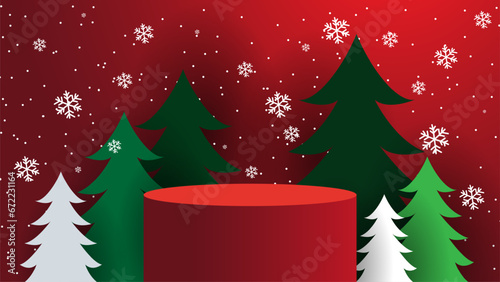 Happy New Year and Merry Christmas background. abstract minimal mock up scene. geometry podium shape for show cosmetic product display. winter christmas red background. .Winter mountain Christmas
