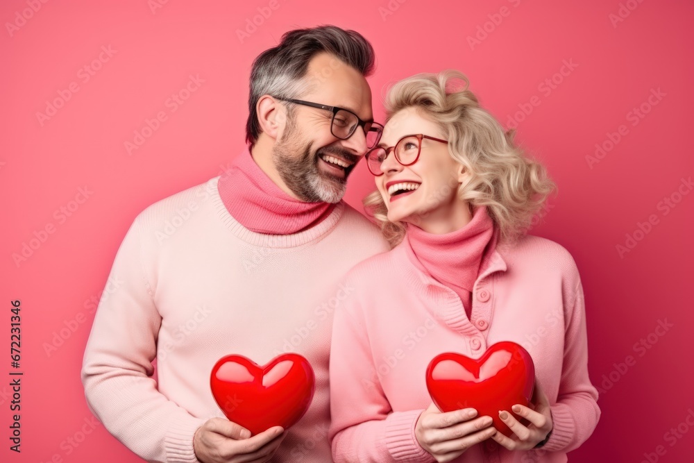 A protrait of couple hold heart shape of balloon on pink background.