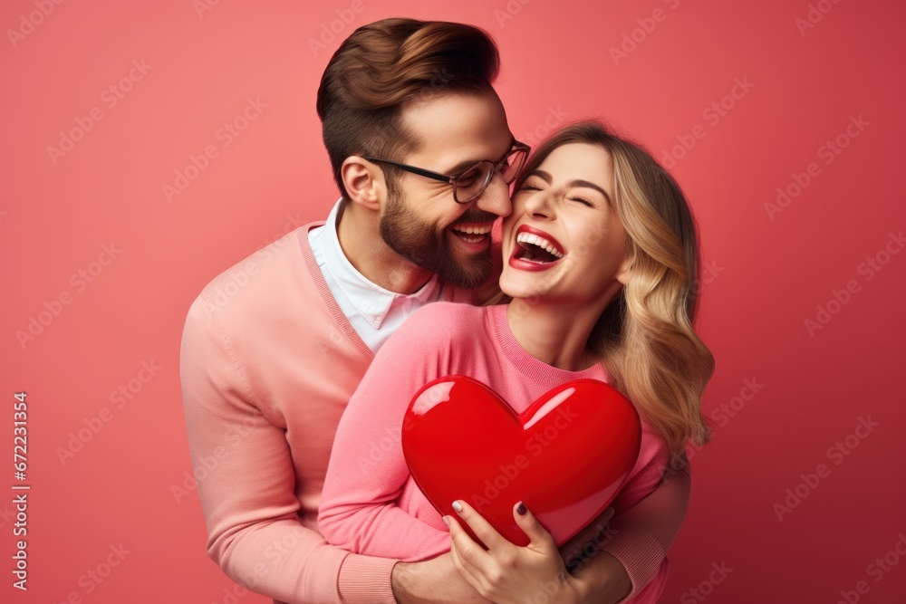 A protrait of couple hold heart shape of balloon on pink background. A protrait of couple hold heart shape of balloon on pink background.