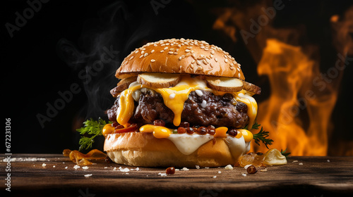 hamburger with cheddar cream and fresh and tasty brioche bun on smoke and dark wooden table. Made with generative ai