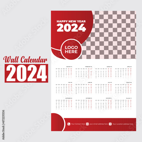 Wall Calendar 2024 Template Design. One Page Calendar. 12 Months Calendar. 