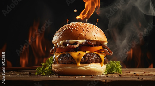 hamburger with cheddar cream and fresh and tasty brioche bun on smoke and dark wooden table. Made with generative ai