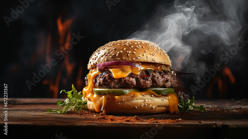 hamburger with cheddar cream and fresh and tasty brioche bun on smoke and dark wooden table. Made with generative ai photo