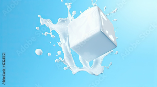  a cube of milk is falling into the air with a splash of milk on it. generative ai