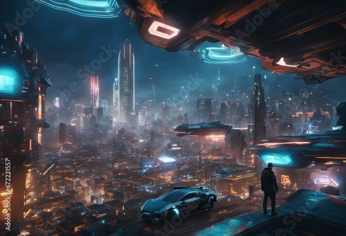Person on a futuristic space station, gazing at the breathtaking cityscape below, AI-generated.