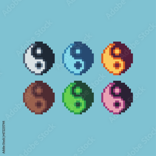 Pixel art sets of yin yang icon with variation color item asset. Simple bits of yin yang pixelated style. 8bits perfect for game asset or design asset element for your game design asset.