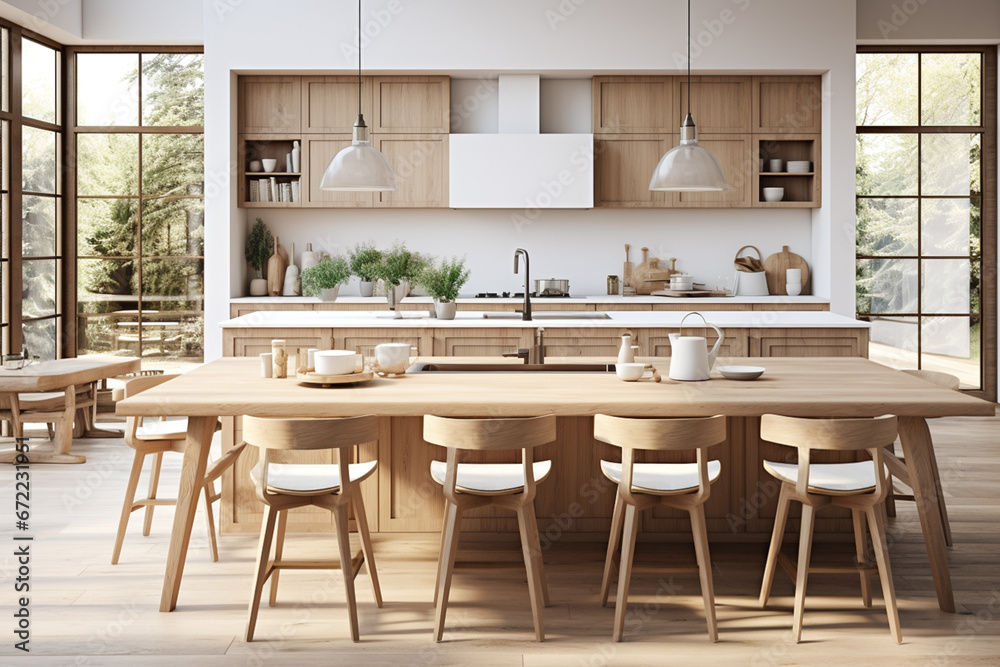 Modern scandinavian, minimalist interior design of kitchen with island, dining table and wooden stools.
