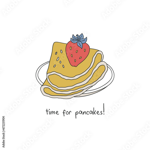 Delicious breakfast pancake with strawberry on a plate vector illustration isolated on white. Time for pancakes phrase. Retro style Groovy food print.