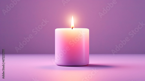  a lit candle on a table with a purple and pink background. generative ai