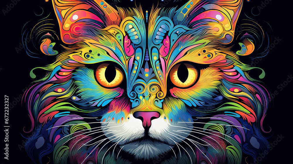  a colorful cat's face is shown with a black background.  generative ai