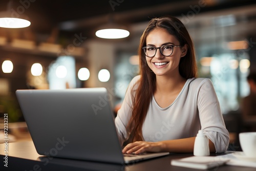 smiling girl with glasses working with her laptop in the office