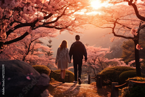 Love, Valentines day, travel concept. Young couple dark silhouette walking in Sakura park in Japan during springtime and sunset