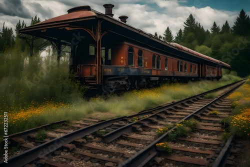An old, rusting train station filled with wildflowers and overgrown tracks.