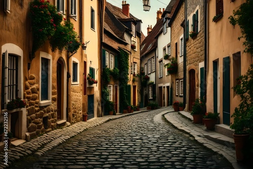 A small European village with gorgeous homes lining a cobblestone roadway.