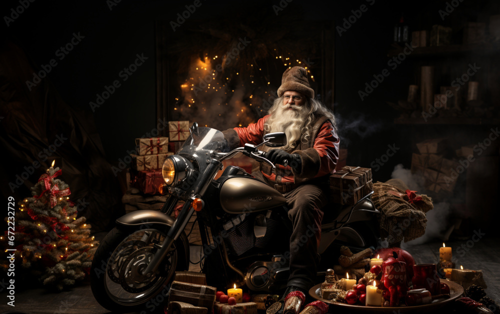 Święty Mikołaj jedzie na motorze z prezentami. - obrazy, fototapety, plakaty 