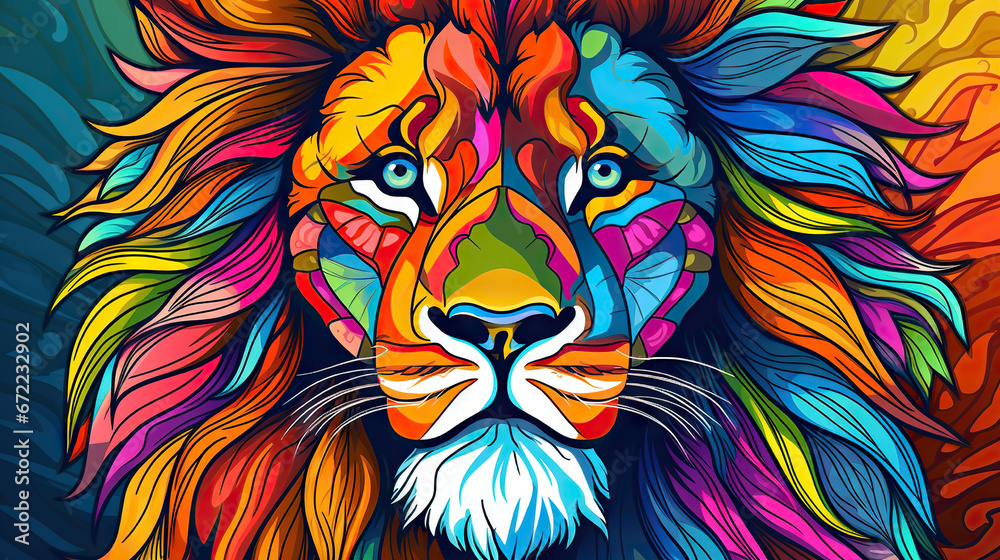  a colorful lion's face with a blue background and a white beard.  generative ai